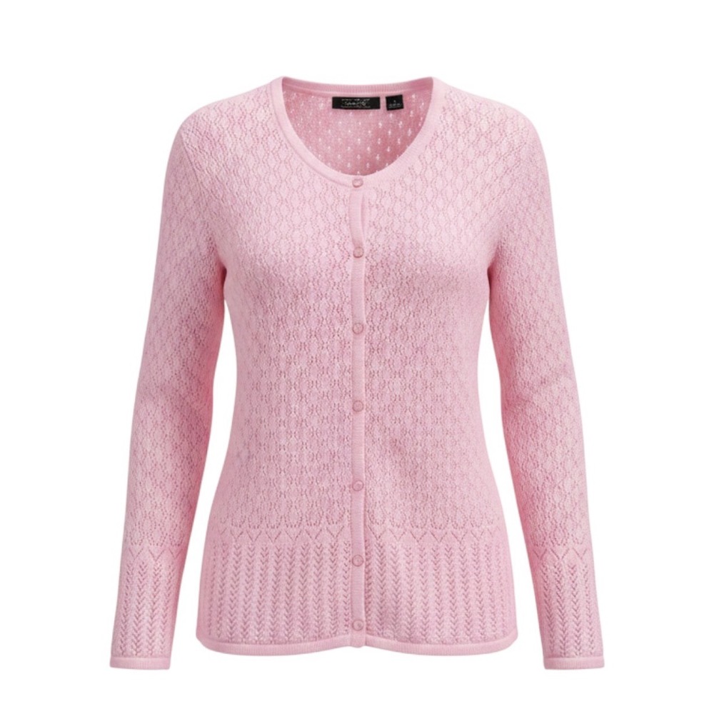 Crystal Kobe Pink Pointelle Knit Cardigan Ramie Cotton Button Front sz M Cottage